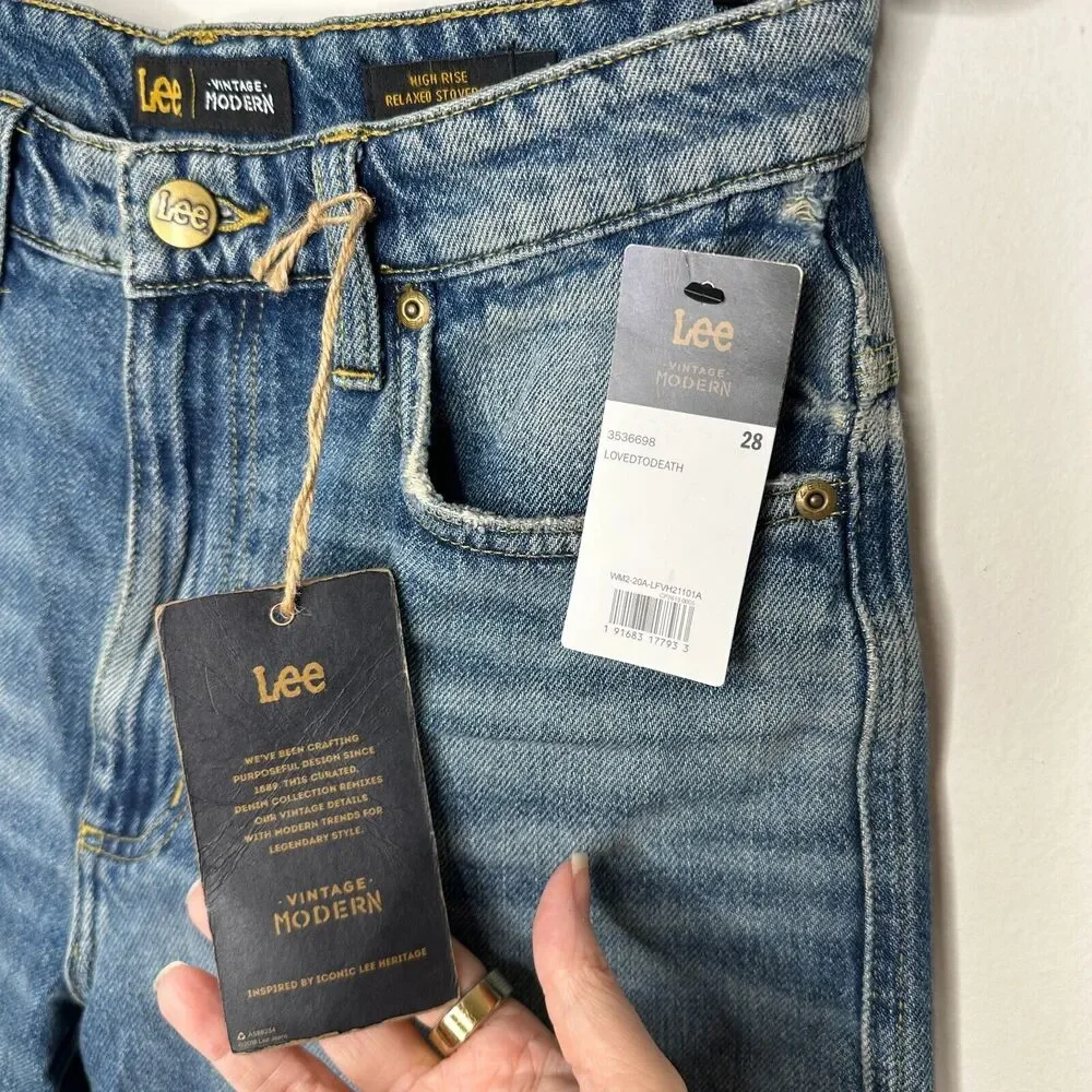 NWT Lee Vintage Medium Blue Wash High Rise Relaxed Stovepipe Distressed Jeans 28